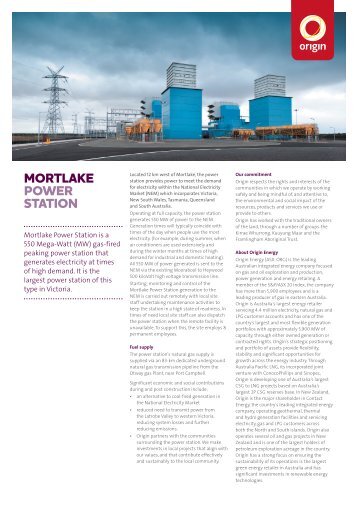 Mortlake Power Station Project Fact Sheet - Origin Energy