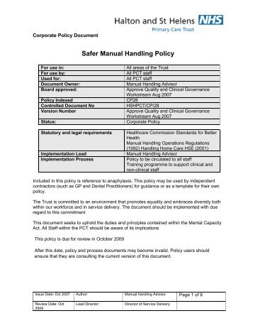 Safer Manual Handling Policy - Halton and St Helens PCT