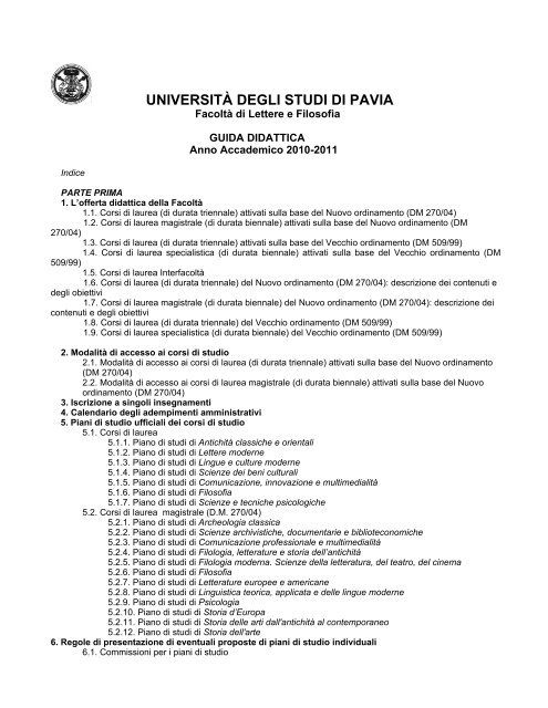 GUIDA 2010 2011 al 1 gennaio - UniversitÃ degli studi di Pavia