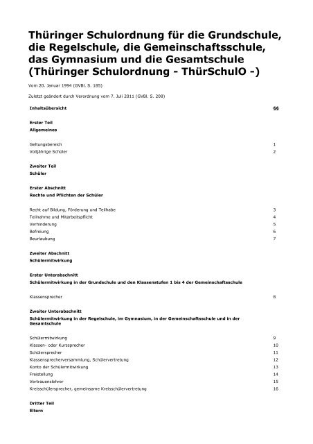 Thüringer Schulordnung für die Grundschule, die ... - Kursnet