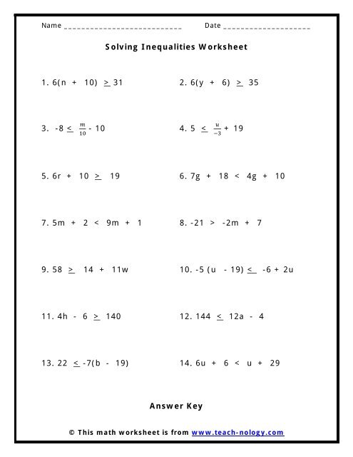 Solving Inequalities Worksheet - Teach-nology