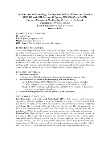 Introduction to Seismology, Earthquakes and Earth Structure (4 units ...