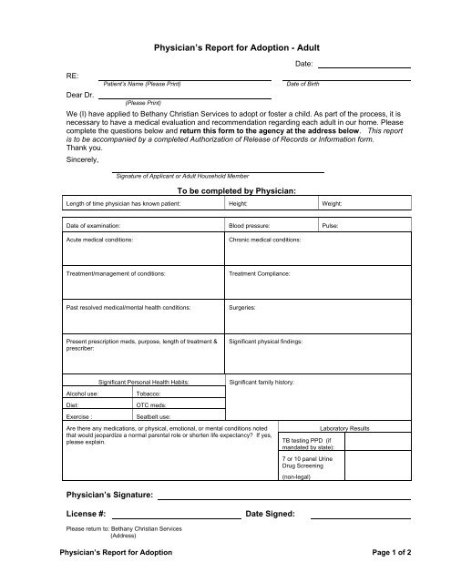 Ocfs 5183d Form.pdf Physician's Report for Adoption or Foster Care - Bethany Christian ...
