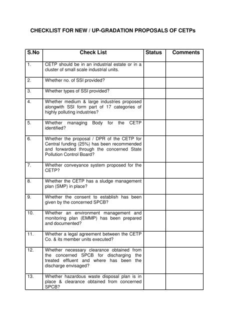 CHECKLIST FOR NEW / UP-GRADATION PROPOSALS OF CETPs ...