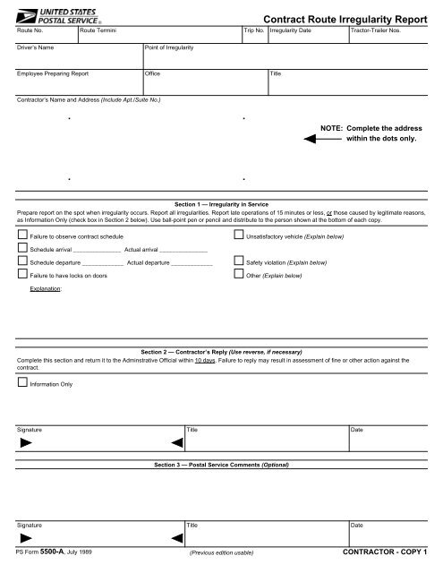 PS Form 5500-A, Contract Route Irregularity Report - NALC Branch 78