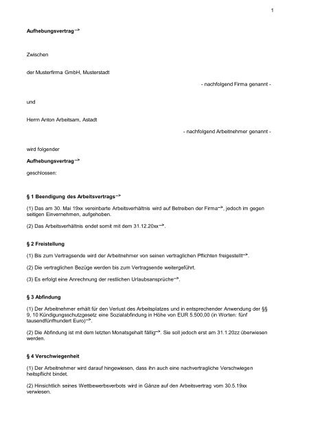 1 Aufhebungsvertrag--&gt; Zwischen der Musterfirma GmbH ...
