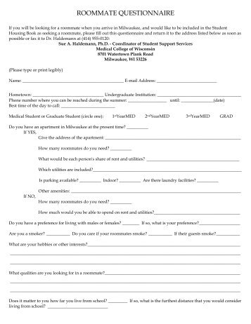 ROOMMATE QUESTIONNAIRE - Medical College of Wisconsin