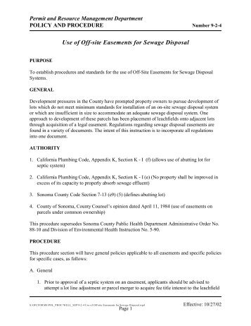 Use of Off-site Easements for Sewage Disposal - Sonoma County