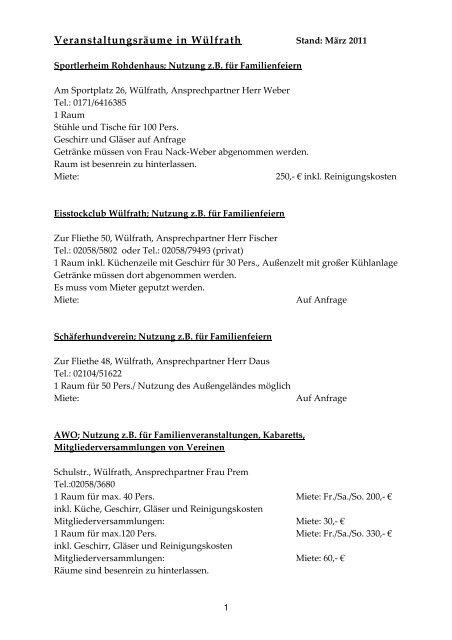 Aktualisierte Liste der VeranstaltungsrÃƒÂ¤ume in WÃƒÂ¼lfrath