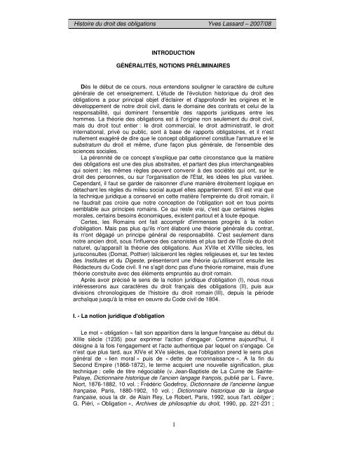 Histoire du droit des obligations Yves Lassard â 2007/08 - blog.de