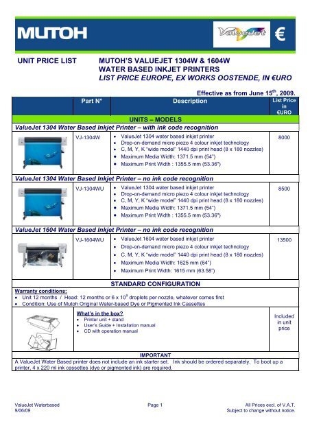 unit price list mutoh's valuejet 1304w &amp; 1604w ... - Folie &amp; Papper