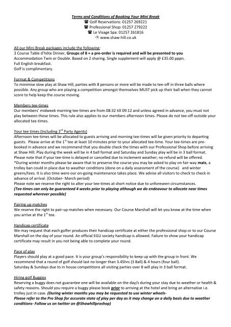 Terms And Conditions Of Booking Your Mini Break Shaw Hill Hotel