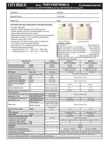 Model: PURY-P288TSKMU-A - Mitsubishi Electric Sales Canada Inc.