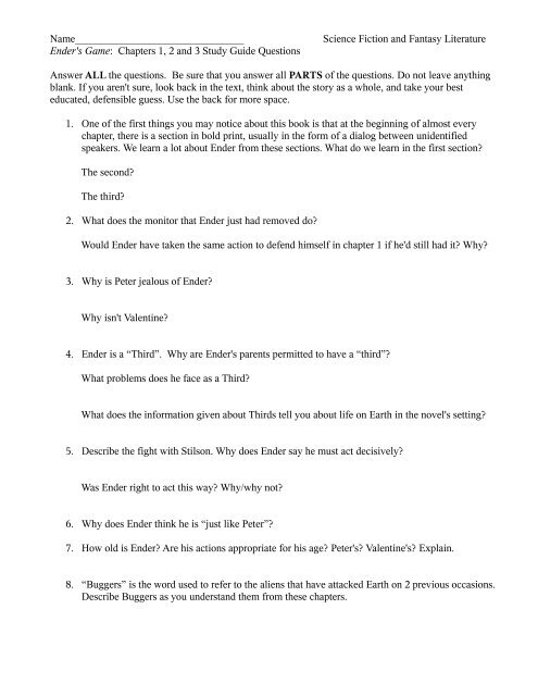 Ender S Game Chapters 1 3 Study Guide Schoolnotes