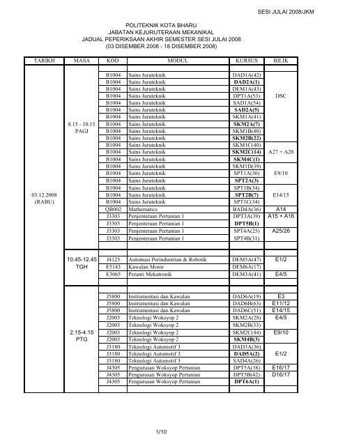 Jadual Peperiksaan Pelajar 6 Politeknik Kota Bharu