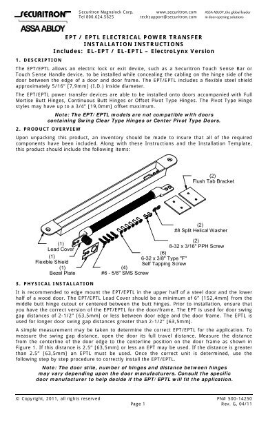 Eptl Installation Instructions Securitron Magnalock Corporation 5421