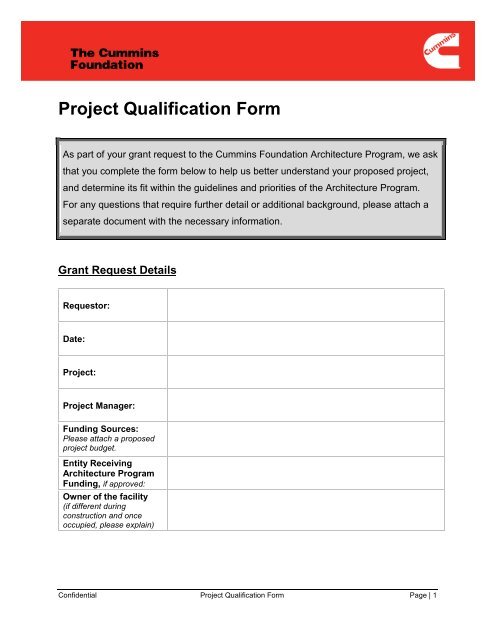 Project Qualification Form - Cummins
