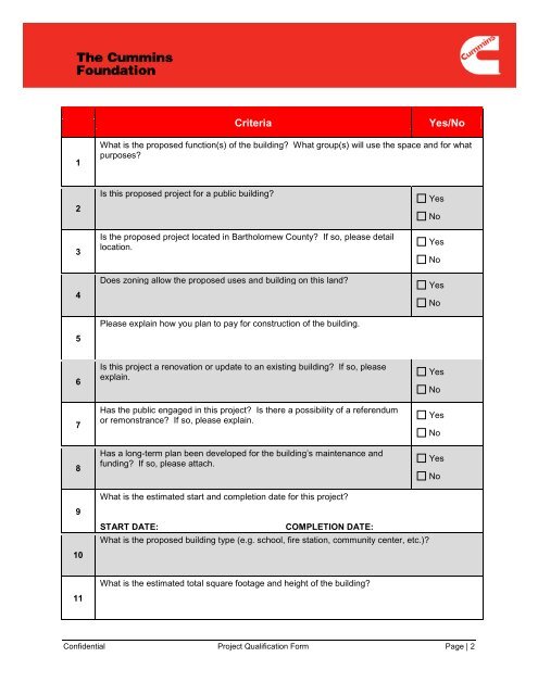 Project Qualification Form - Cummins