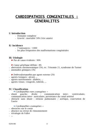 CARDIOPATHIES CONGENITALES: GENERALITES