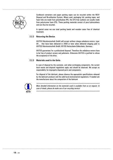 Operating Manual Unbalance Motors - AViTEQ Triltechniek