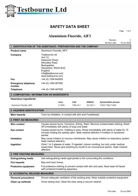 SAFETY DATA SHEET Aluminium Fluoride, AlF3 - Testbourne Ltd