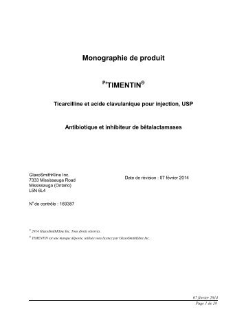 Monographie de produit TIMENTIN - GlaxoSmithKline