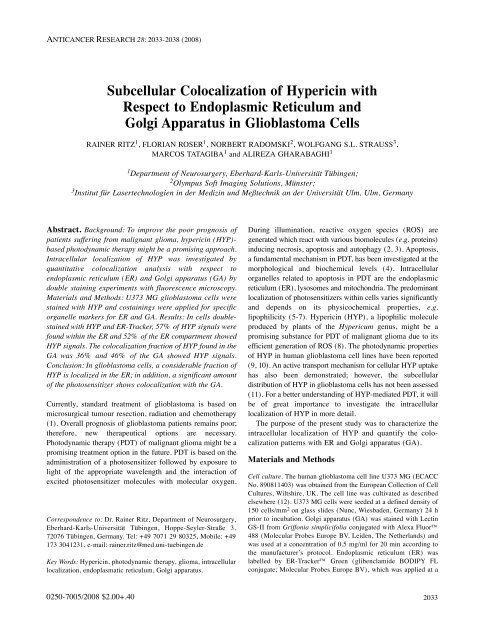 Subcellular Colocalization of Hypericin with ... - Anticancer Research