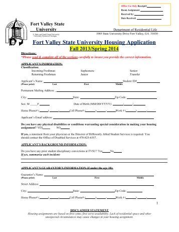Fort Valley State University Housing Application Fall 2013/Spring 2014
