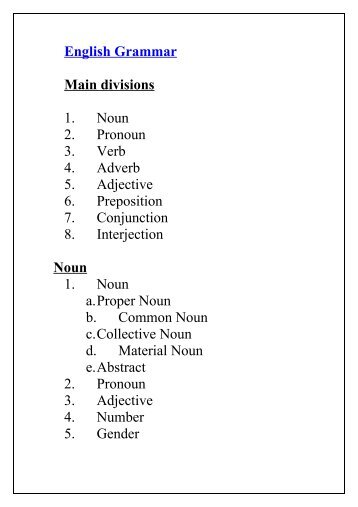 English Grammar Main divisions 1. Noun 2. Pronoun 3. Verb 4 ...