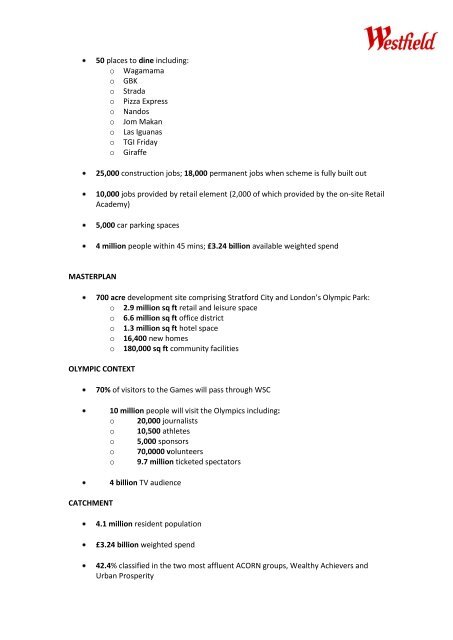 FACT SHEET: WESTFIELD STRATFORD CITY