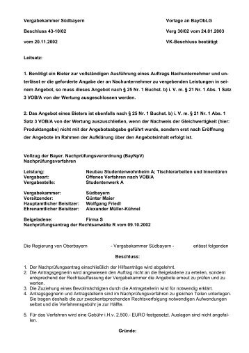Vergabekammer Südbayern Vorlage an BayObLG Beschluss 43-10 ...
