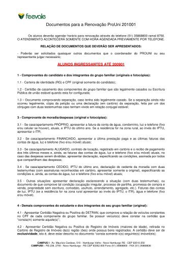 Documentos para a RenovaÃ§Ã£o ProUni 201001 - Feevale