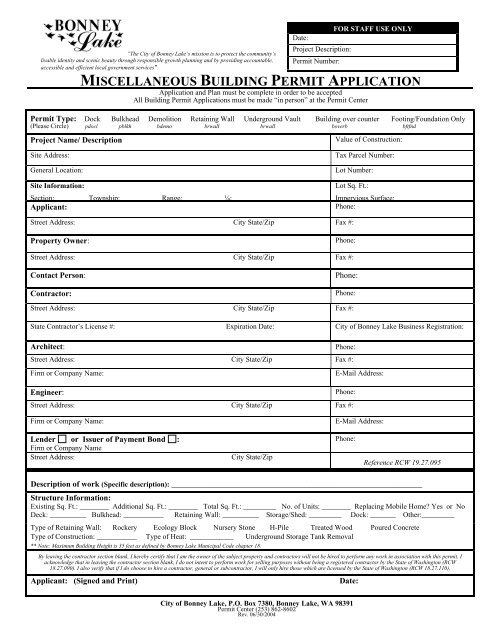 miscellaneous building permit application - City of Bonney Lake