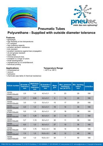 Pneumatic Tubes Polyurethane - Supplied with outside ... - Pneutec