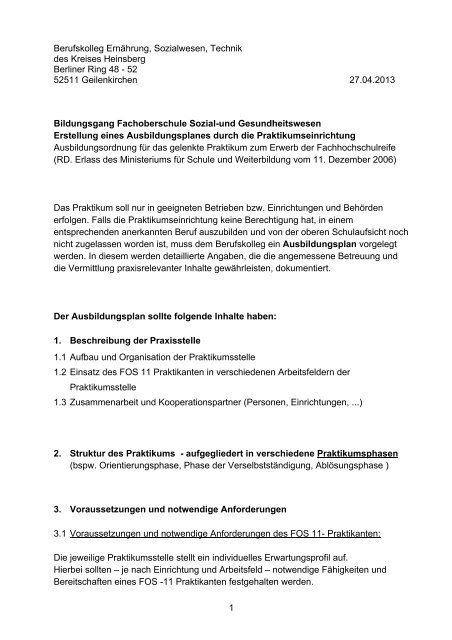 Erstellung eines Ausbildungsplans - Berufskolleg Geilenkirchen