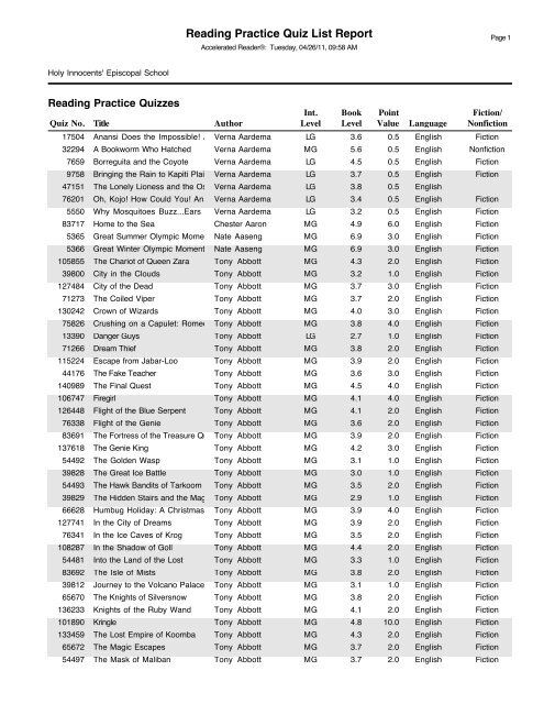 Reading Practice Quiz List Report Holy Innocents Episcopal School