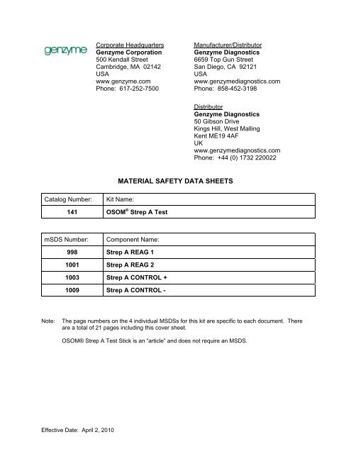 OSOM Strep A Test Kit 141 MSDS - Sekisui Diagnostics