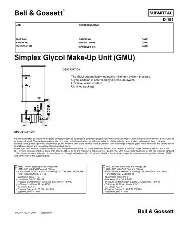 Bell & Gossett Simplex Glycol Make-Up Unit (GMU) - Pump Express