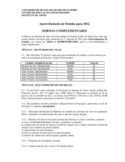 Aproveitamento de Estudos para 2012 NORMAS ... - ART/ UERJ