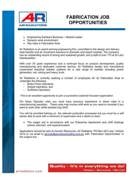 FABRICATION JOB OPPORTUNITIES - Air Radiators