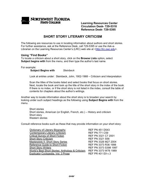 SHORT STORY LITERARY CRITICISM - Learning Resource Center