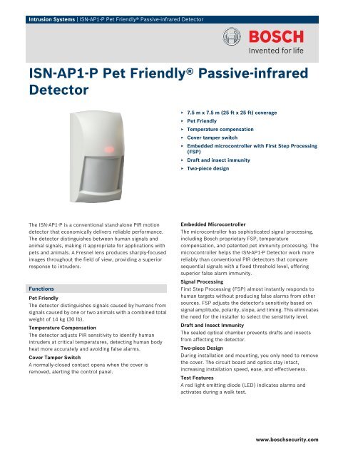 ISN‑AP1‑P Pet Friendly® Passive-infrared ... - Bosch Security Systems