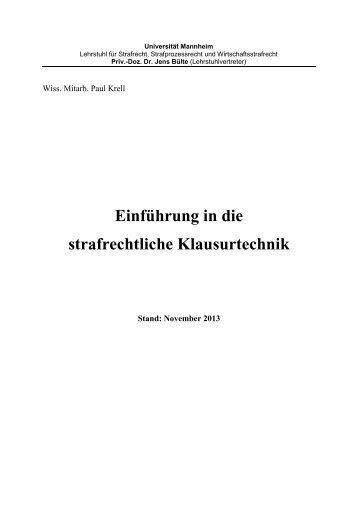 Einführung in die strafrechtliche Klausurtechnik - Wirtschaftsstrafrecht