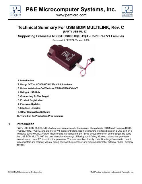 Technical Summary For USB BDM MULTILINK, Rev. C - Freescale