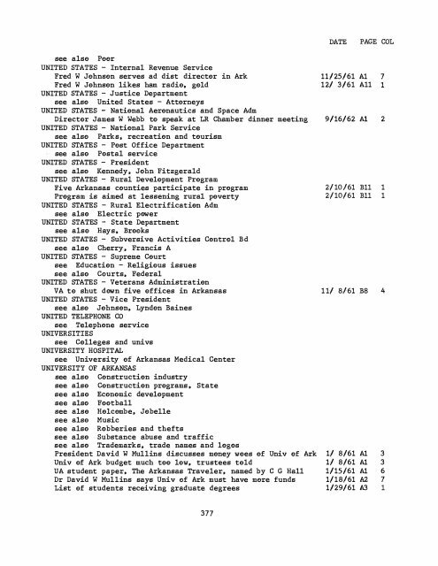 ARKANSAS GAZETTE INDEX 1961 - 1962 - Library - Arkansas Tech ...