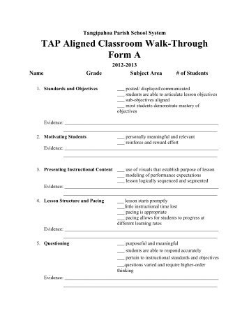 Classroom Walkthrough Form A - Tangipahoa Parish Schools