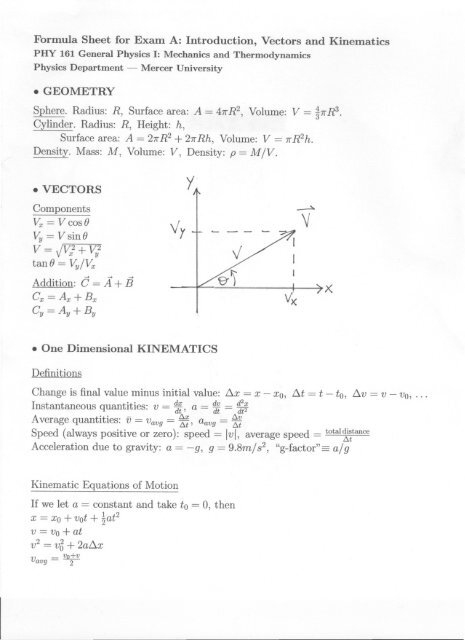 Formula Sheet for Exam A: Introduction, Vectors and Kinematics
