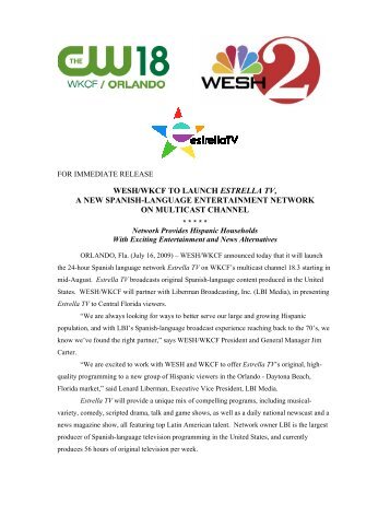 wesh/wkcf to launch estrella tv, a new spanish-language - Liberman ...