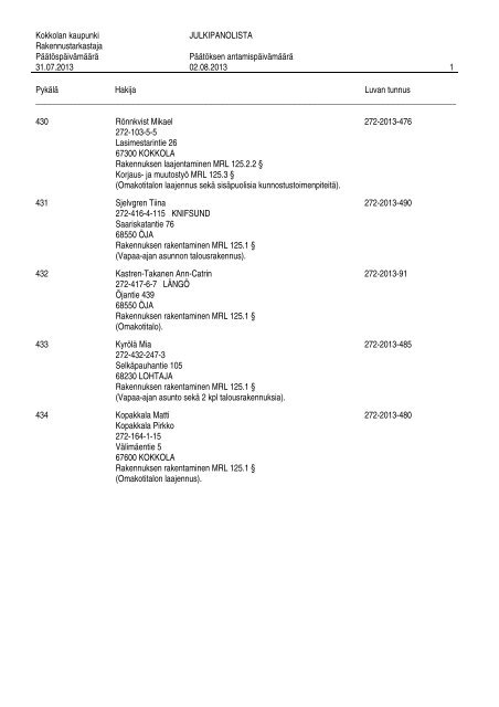 MyÃ¶nnetyt rakennusluvat vko 31-2013 - Kokkola