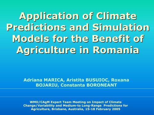 Application of Climate Predictions and Simulation Models for the ...